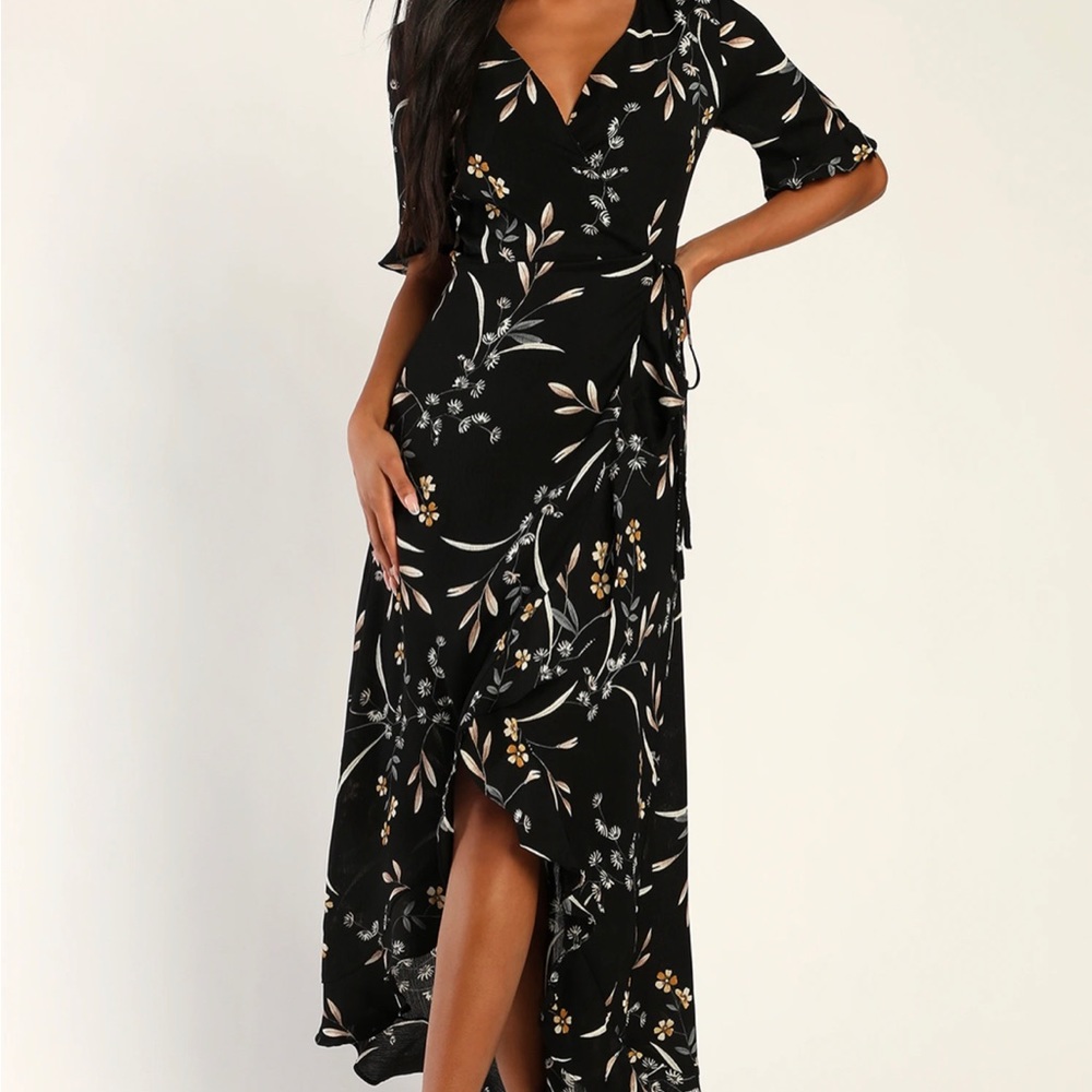Wild Winds Black Floral Print High-Low Wrap Dress - Picture 9 of 9